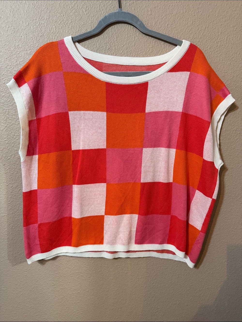 Colorblock Check Knit Top - Pink & Orange